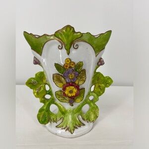 Vintage Hand Painted Porcelain Vase white with‎ Strong Green Accents & Florwers